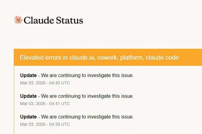 لقطة شاشة تظهر انقطاع خدمة Cluade AI في 3 مارس 2026