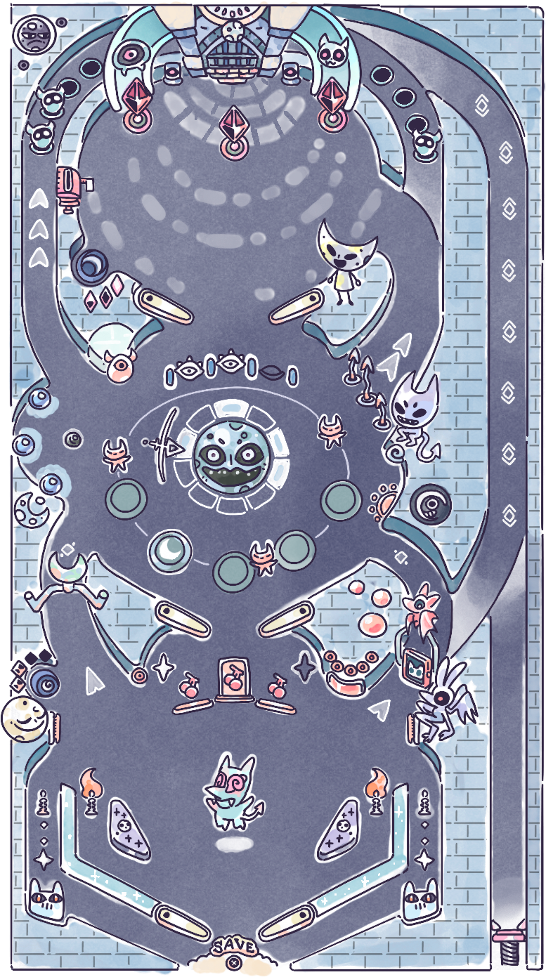 تخطيط اللوحة الكامل المكون من ثلاث مراحل لـ Devils on the Moon pinball.
