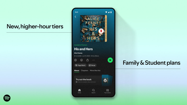 رسم يسلط الضوء على مستويات جديدة لإضافات وقت الاستماع للكتب الصوتية في Spotify، بالإضافة إلى خطط العائلة والطالب