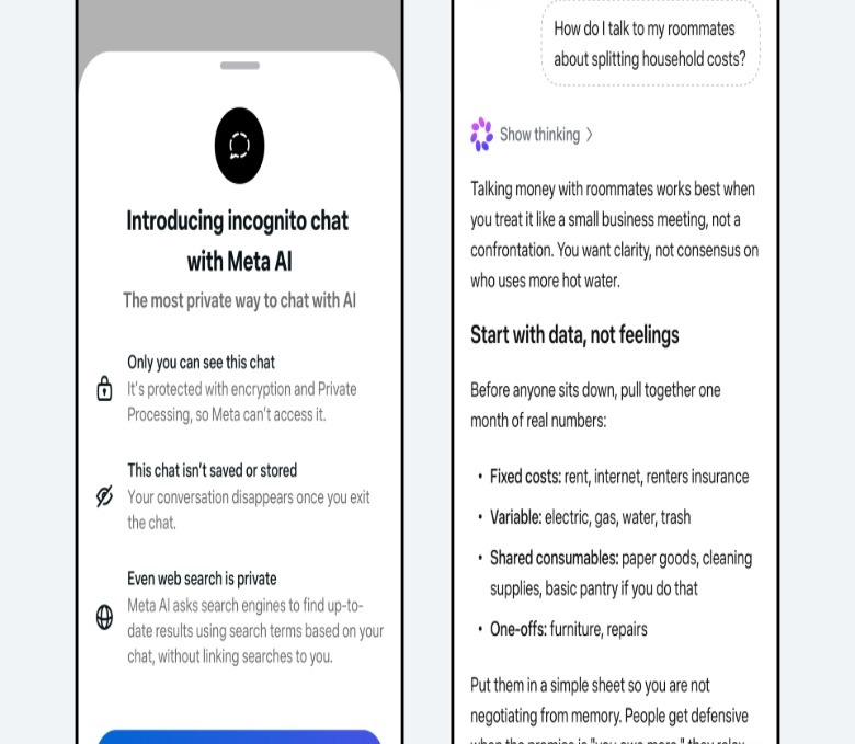 لقطات شاشة لمحادثات خاصة باستخدام Meta AI