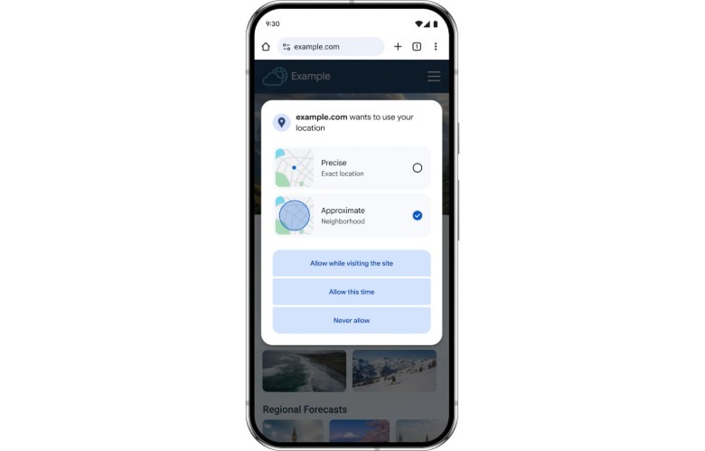 ميزة مشاركة الموقع التقريبية في Chrome على Android