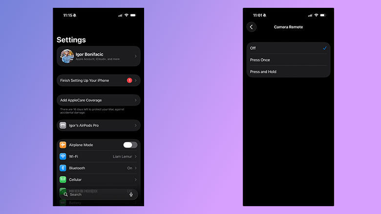 زوج من لقطات الشاشة تعرض تطبيق إعدادات Apple لـ Camera Remote.