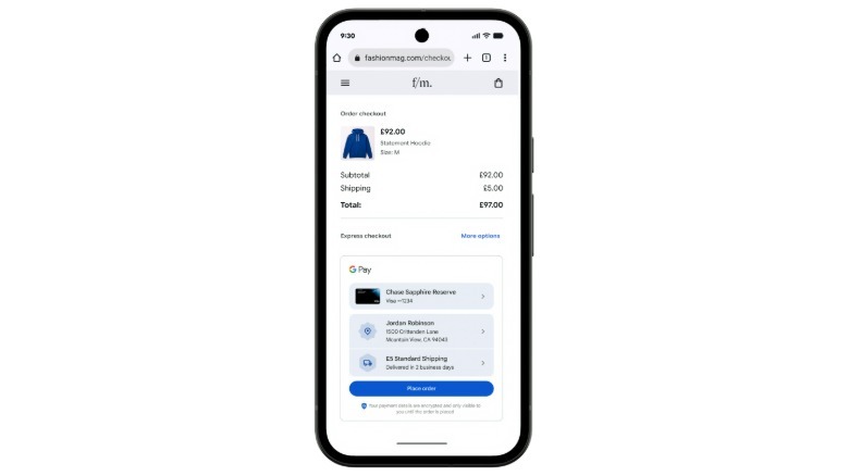 لقطة شاشة لعملية الدفع المباشر عبر Google Pay المستخدمة في متجر عبر الإنترنت.
