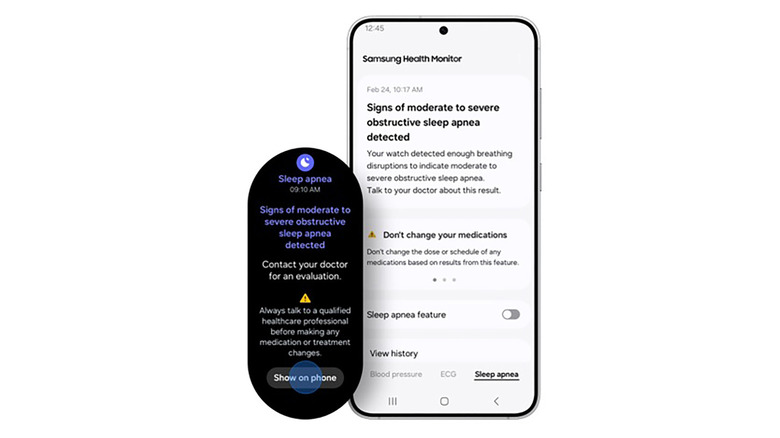 هاتف Samsung Galaxy ولقطة شاشة (بيضاوية ممتدة) لساعة Galaxy Watch، تشير إلى احتمال انقطاع التنفس أثناء النوم.