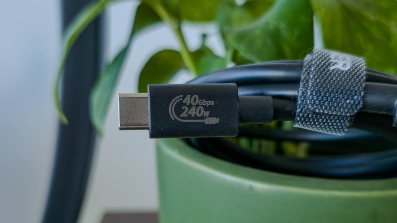 لقطة مقربة لكابل USB4 مع علامة USB-IF التجارية تقرأ 40 جيجابت في الثانية و240 وات