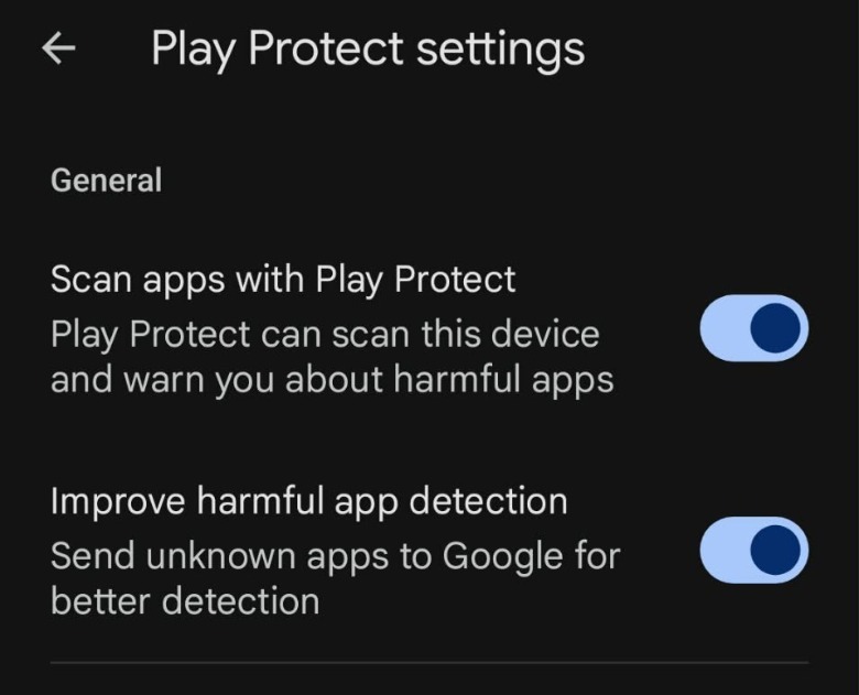 لقطة شاشة لإعدادات Play Protect
