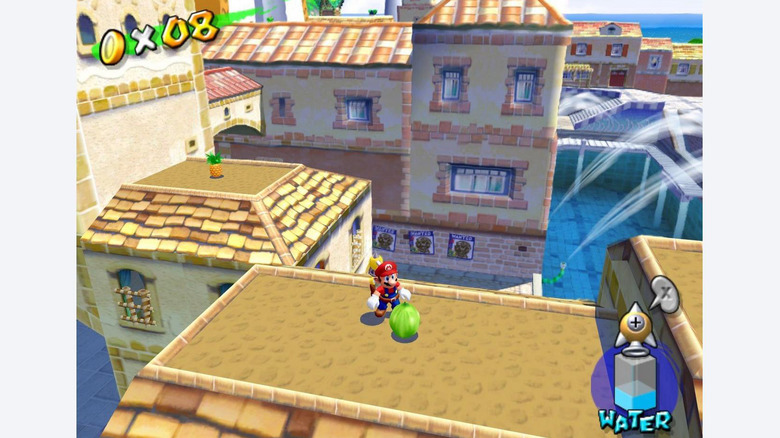 ماريو يقف فوق مبنى بجوار فاكهة كبيرة (Super Mario Sunshine)